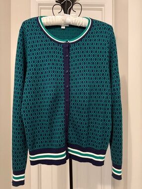 Charter Club Green & Navy Geometric Button-Up Women's Sweater Size L